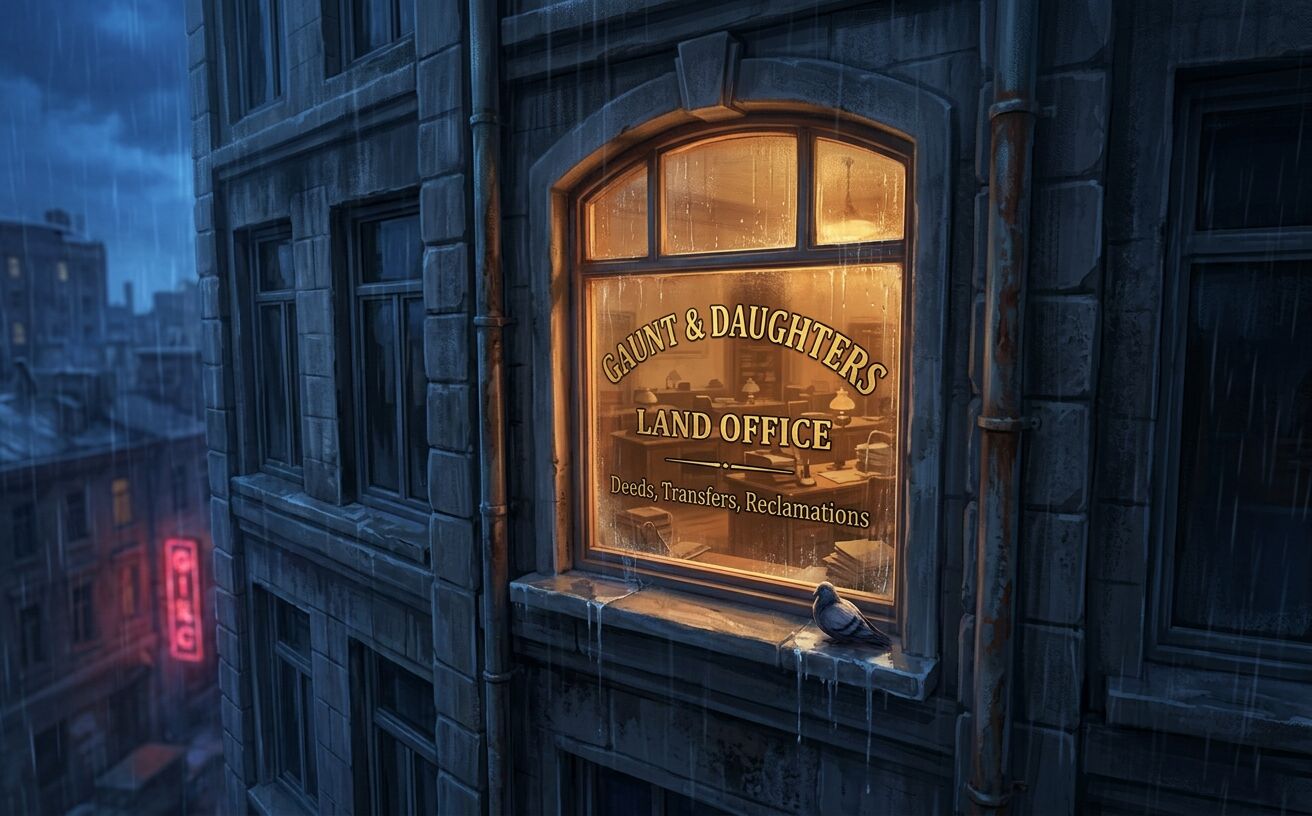 Gaunt and Daughters Land Office window in the rain