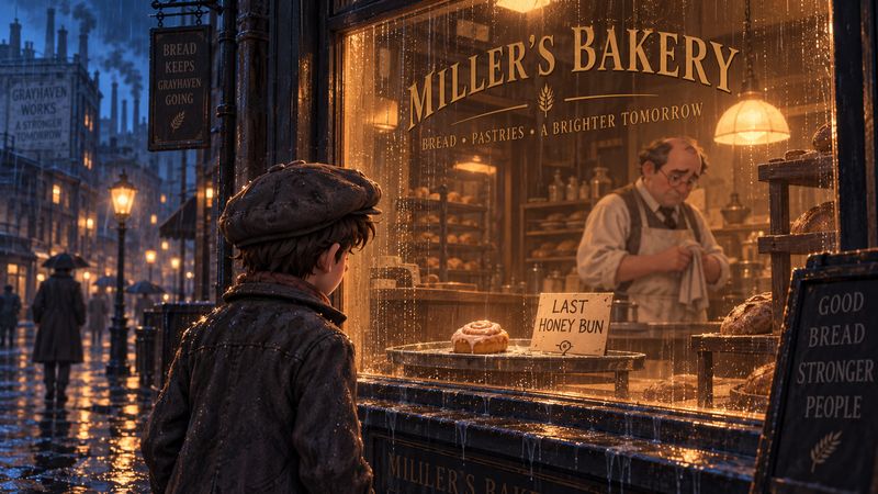 The player looks through Miller's Bakery window at a single honey bun on the counter