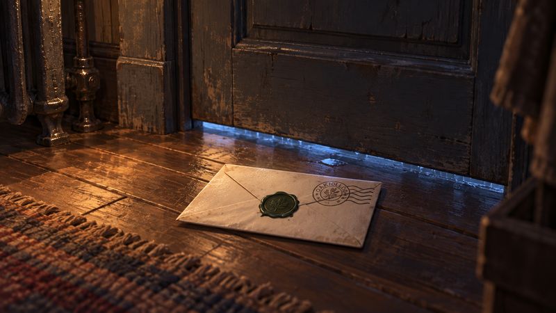 A cream envelope with a green wax seal on the floorboards inside the door