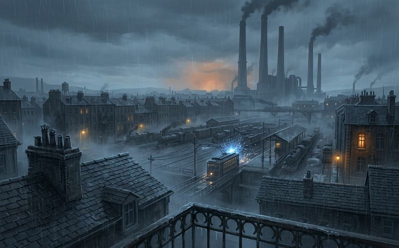 A rainy industrial city at night, rooftops, rail yard and smokestacks