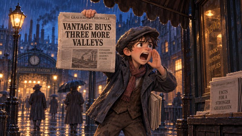 A newsboy shouts the headline Vantage Buys Three More Valleys outside Grayhaven Station