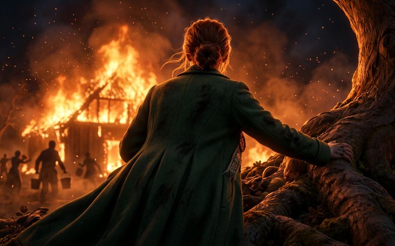 A woman in a green coat seen from behind, facing the burning festival hall